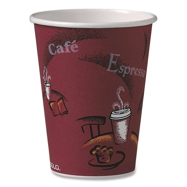 Solo 12 oz. Maroon Disposable Paper Cups, Hot Drinks, Bistro Design, 300 / Carton