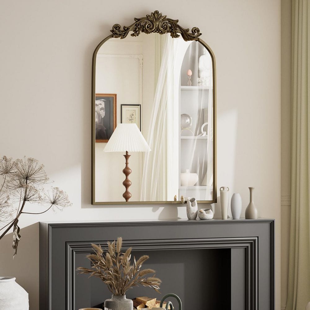 Elegant Arched Medium Brown Metal Framed Vanity Mirror
