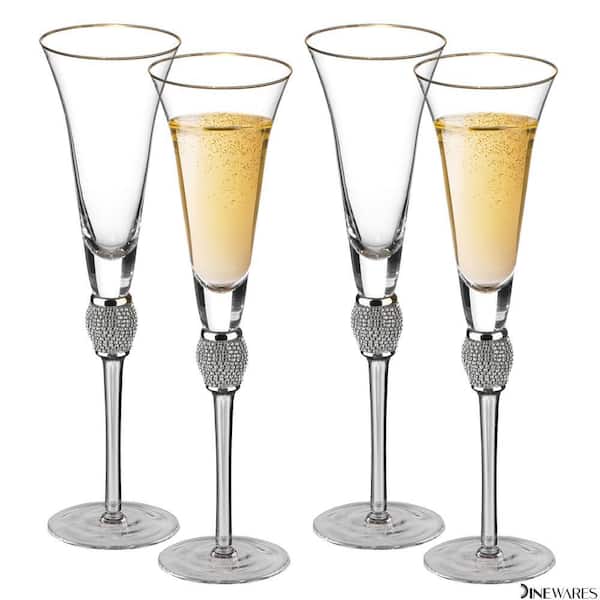 Elegant 7 oz. Champagne Glasses with Diamond Rhinestone Accents and a Polished Silver Rim (Set of 4)