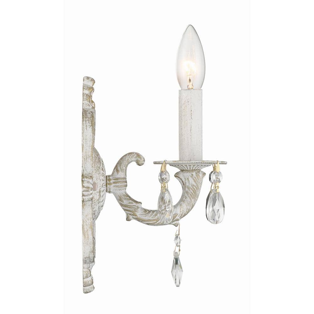 Antique White Wall Sconce with Clear Hand Cut Crystals