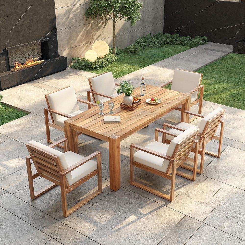 7-Piece Light Teak Acacia Wood Outdoor Conversation Set Patio Dining Set with Thick Beige Cushion and Umbrella Hole price history on PriceWatchPro