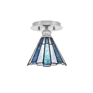 Albany 1-Light 7 in. Brushed Nickel Semi-Flush with Sea Ice Art Glass Shade