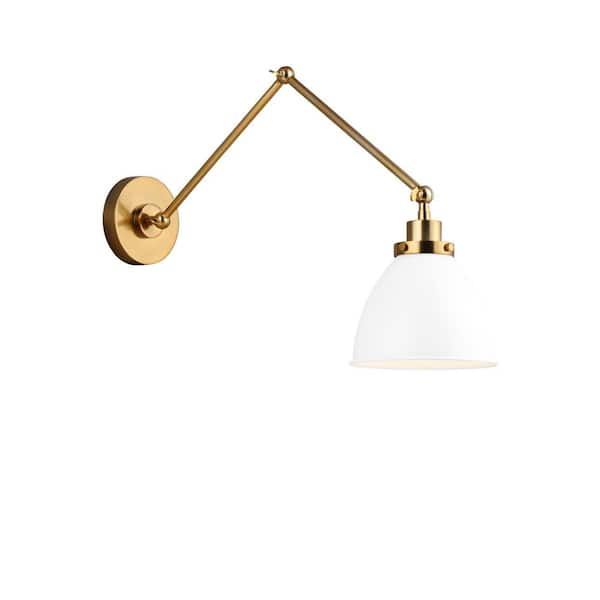Generation Lighting - Wellfleet 7.25 in. W 1-Light Matte White/Burnished Brass Double Arm Dome Task Wall Sconce with Steel Shade