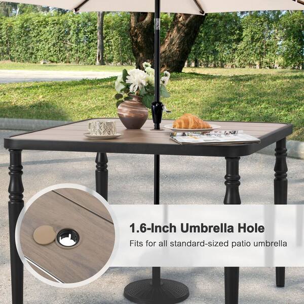 faux wood dining set patio umbrella Nuu Garden Black 5-Piece Textilene and Faux Wood Square Outdoor Dining Set with Umbrella Hole, Stackable Design, Woodgrain Tabletop