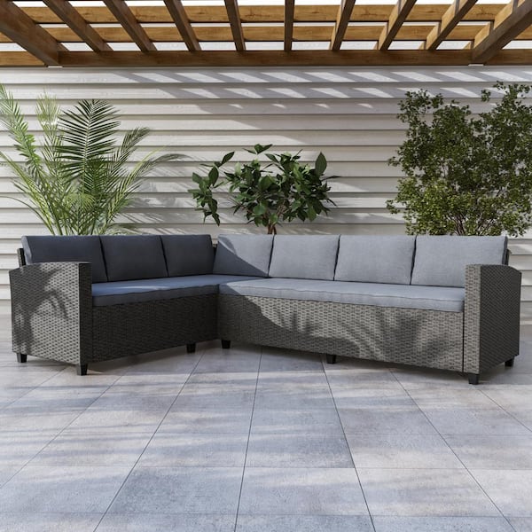 MUSE & LOUNGE Dasan Gray Wicker Outdoor L-Shaped Sectional with Gray Cushions