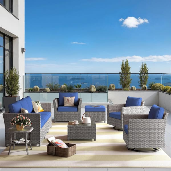 Auris Gray 9-Piece Wicker Outdoor Furniture Set Patio Conversation Sofa Set with Navy Blue Cushions and Swivel Chairs