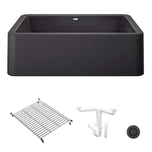 Ikon 33 in. Farmhouse/Apron-Front Single Bowl Anthracite Granite Composite Kitchen Sink Kit with Accessories