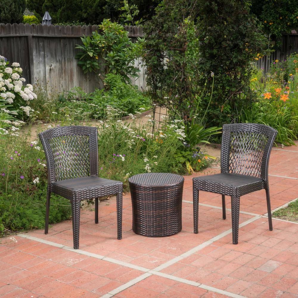 Noble House Naomi MultiBrown 3Piece Faux Rattan Patio Conversation