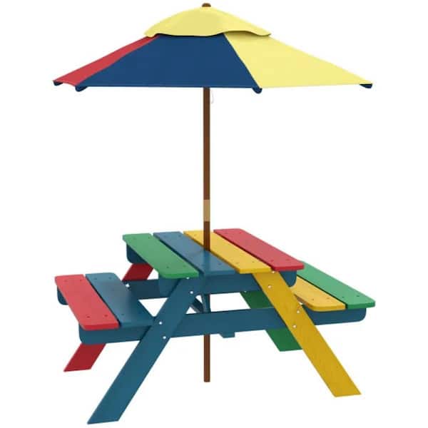 Unbranded 33.7 in. Multicolor Rectangle Wood Kids Picnic Tables Seats 2 People with Umbrella Hole, 2 Benches and Foldable Umbrella