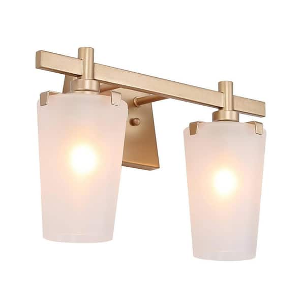 14.2 in. 2-Light Gold Vanity Light with Frosted Glass Shades