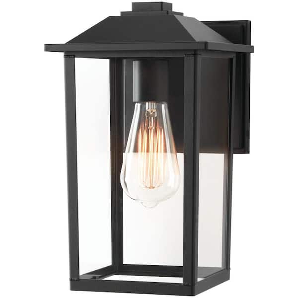 1-Light 12 in. Black Hardwired Transitional Outdoor Wall Light Lantern Porch Sconce with Clear Glass