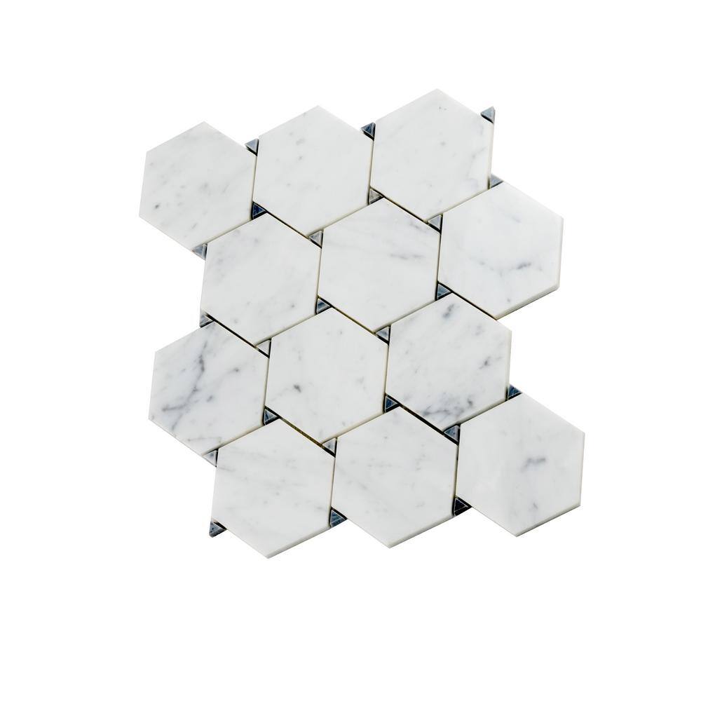 Athens White and Gray Polished Marble Hexagon Mosaic Tile