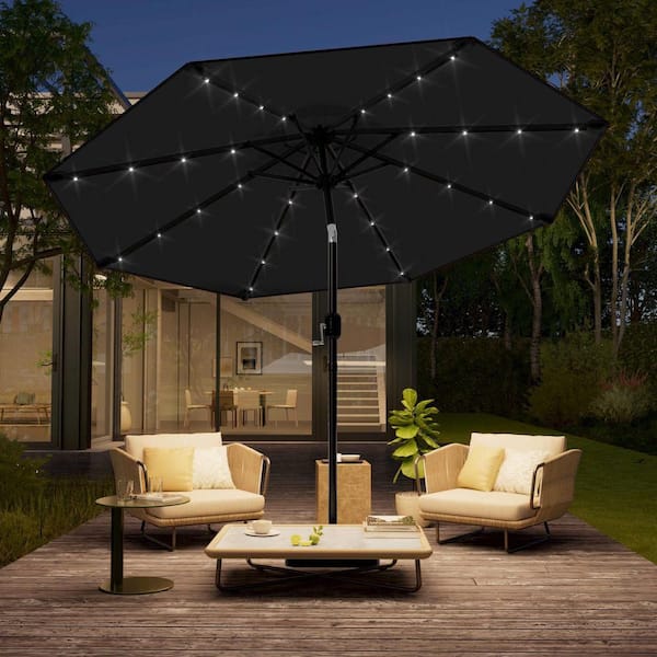 10 ft. Steel Solar-powered Round Outdoor Market Patio Umbrella with Crank in Black