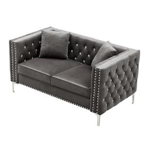 59.4 in. Black Velvet 2-Seater Loveseat with Diamond Button Tufted Backrest and Nail Head Modification, 2 Pillows