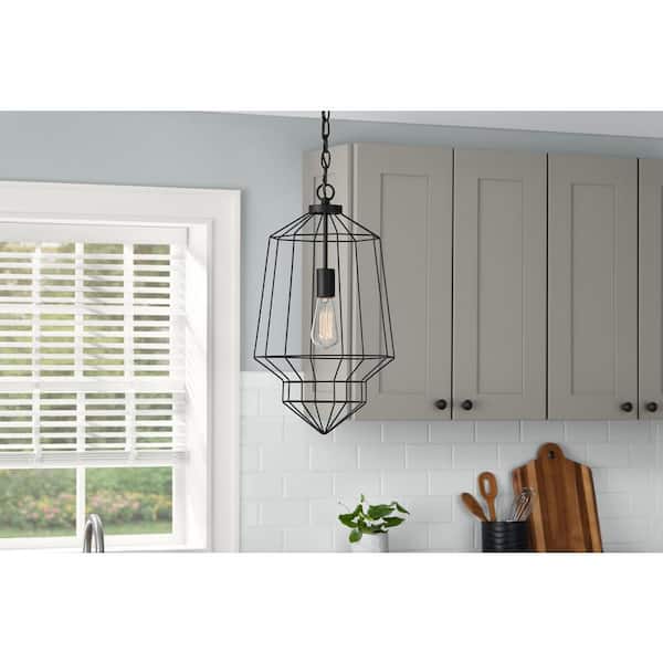 Winfield 1-Light Black Caged Pendant Light Fixture with Geometric Metal Shade