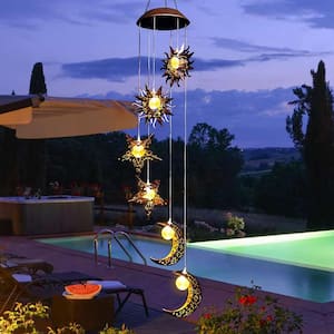 24 in. Sun Moon Star Solar Wind Chimes Warm LED Wind Chimes Outdoor Hanging Light Unique Decoration Gift