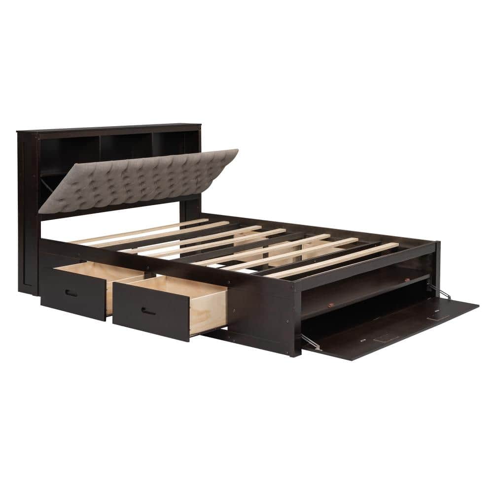 Espresso Wood Frame Queen Platform Bed with Storage Headboard, 4 Drawers & Shoe Rack durable construction price history on PriceWatchPro