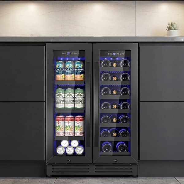 23.42 in. Dual Zone 20-Bottle and 86-Can Wine and Beverage Refrigerator with French Door and Four Door Handles in Black