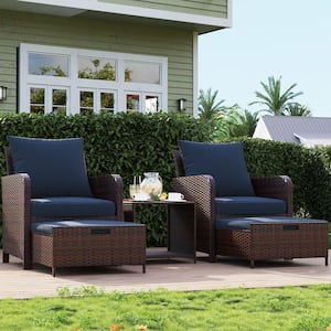 5-Piece Wicker Patio Conversation Set with Navy Cushions