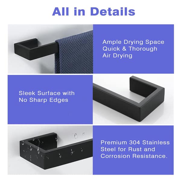 Bath 24 in. Square Wall Mounted Towel Bar Stainless Steel Towel Hanger in Matte Black