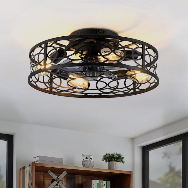 20 in. 4-Light Indoor/Outdoor Black Metal Caged Ceiling Fan Downrod Mount with Light Kit and Remote Included