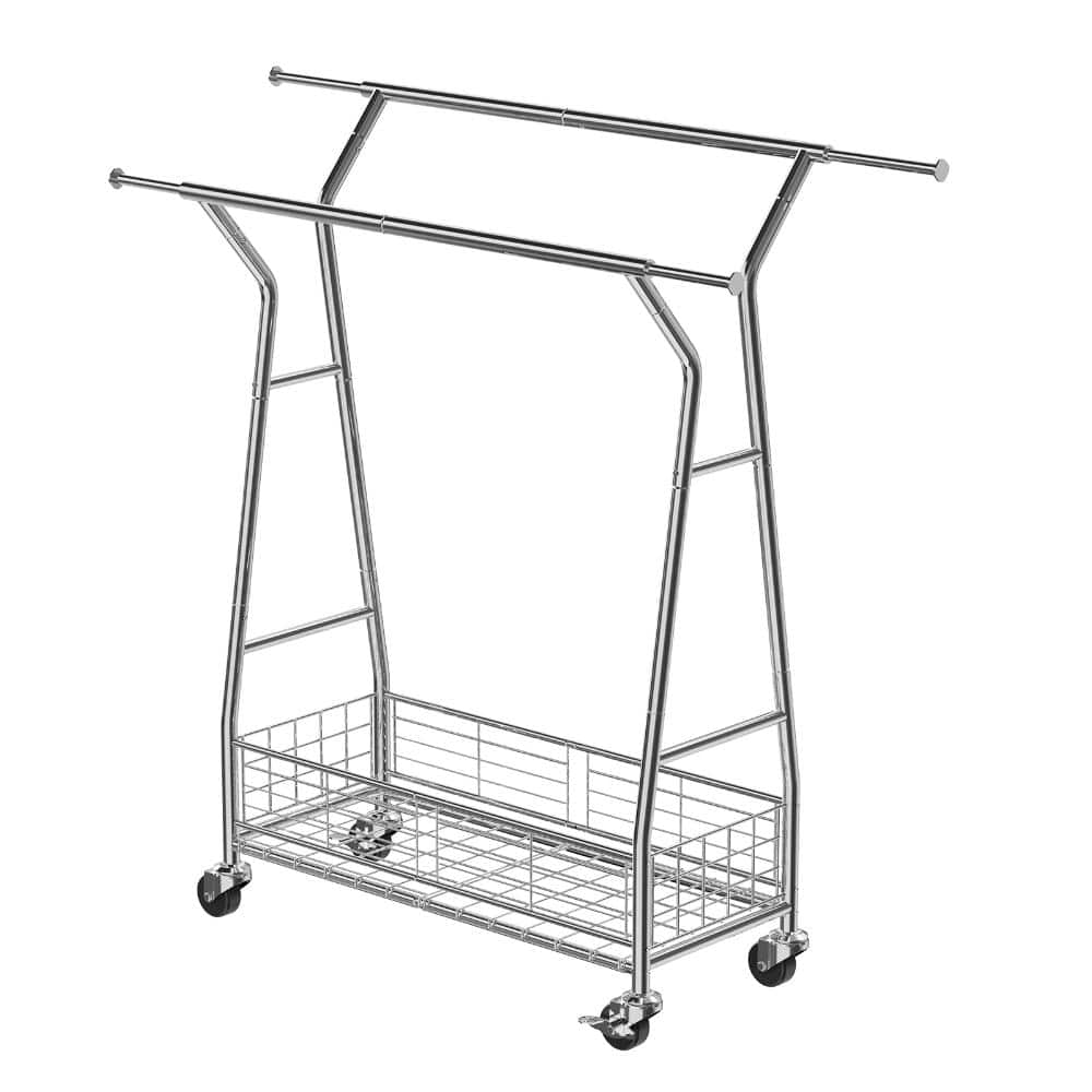 Heavy Duty Clothes Rack in Silver,Rolling Garment Rack with 2 Hanging Rods & Storage Basket price history on PriceWatchPro