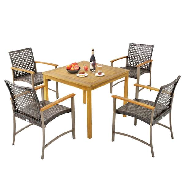 Gymax 5-Pieces Patio Dining Set Acacia Wood Table with 1.9 in. Umbrella Hole Wicker Armchairs