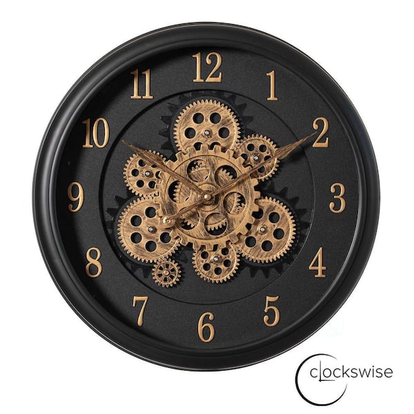 16 in. Industrial Exposed Rotating Gear Wall Clock Steampunk Aesthetic with Vintage-Inspired Design