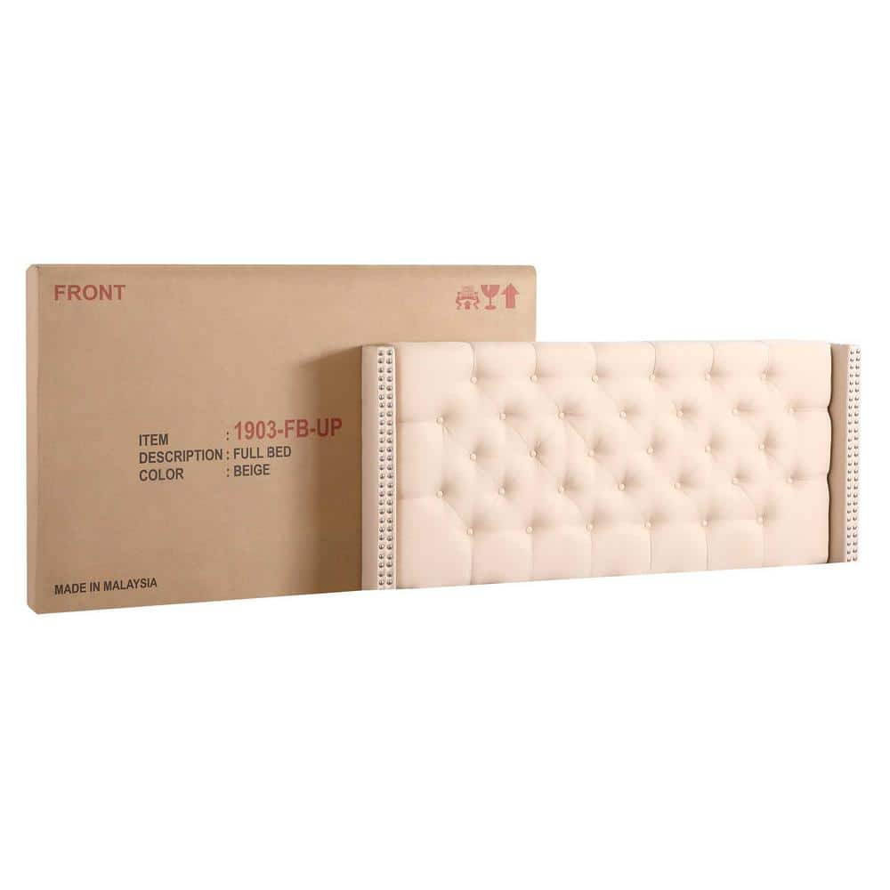 Julie Beige Velvet Tufted Full Panel Bed with Nailhead Trim