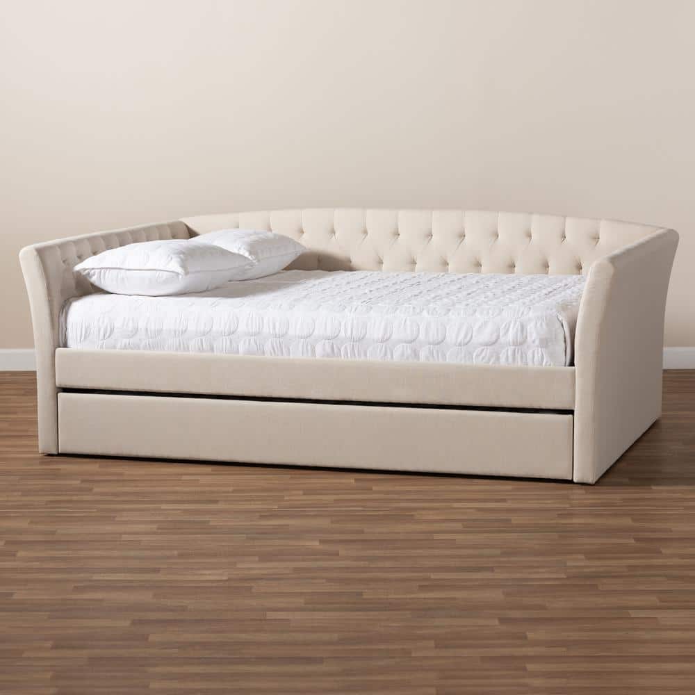 Beige Upholstered Full Daybed with Trundle and Tufted Design