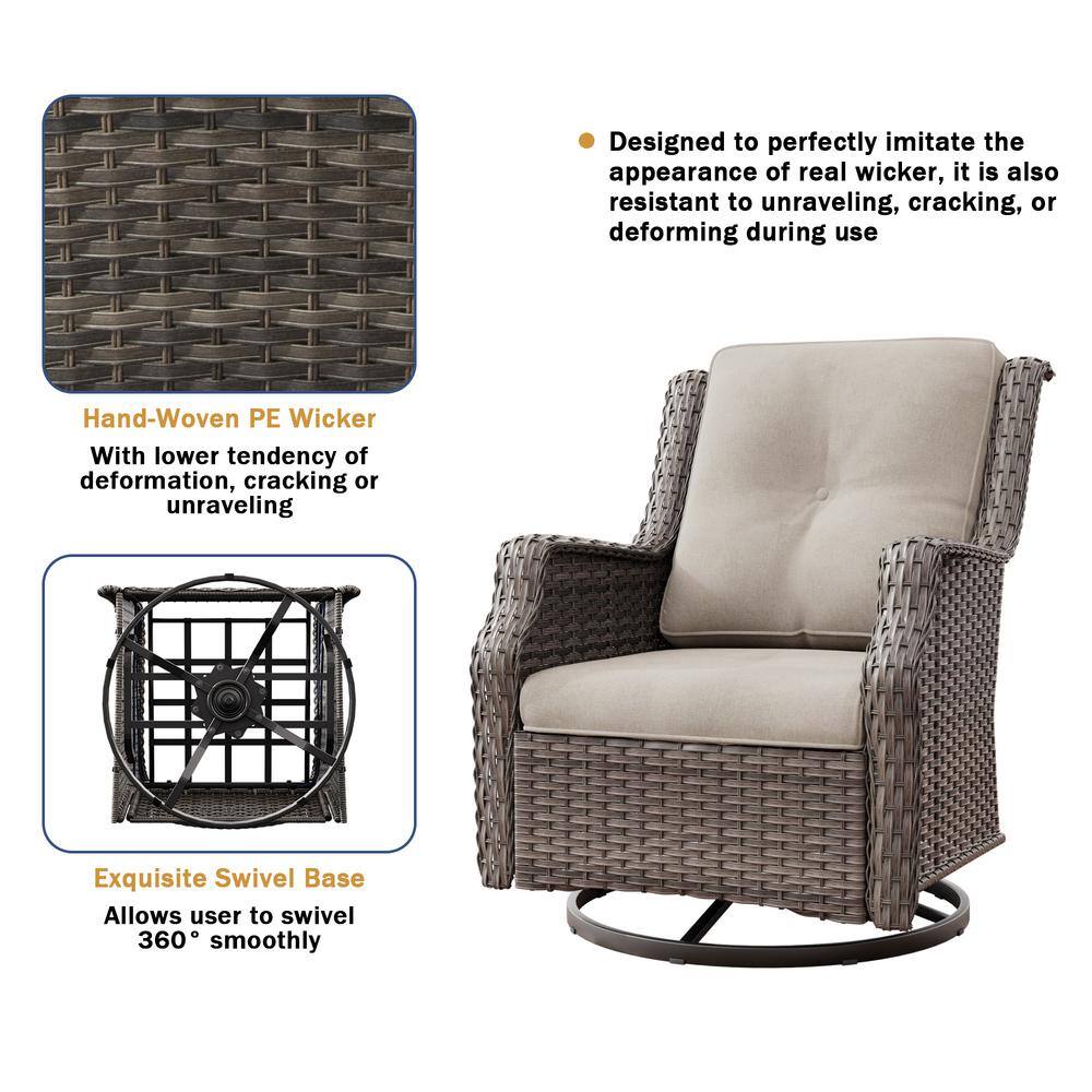 Beige and Gray Wicker Swivel Rocking Patio Chairs with Cushions