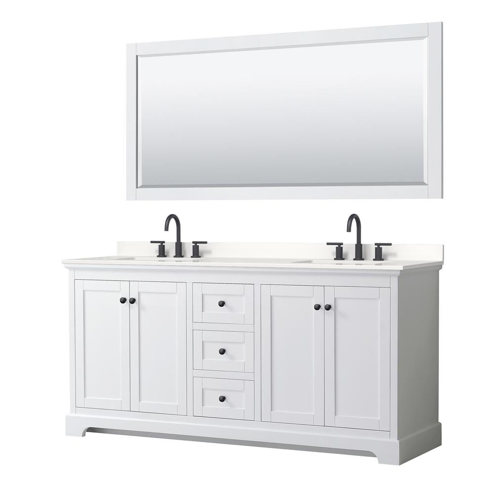 Wyndham Collection Avery 72 in. W x 22 in. D x 35 in. H Double Bath Vanity in White with White Quartz Top and 70 in. Mirror, White with Matte Black Trim -  840193390706