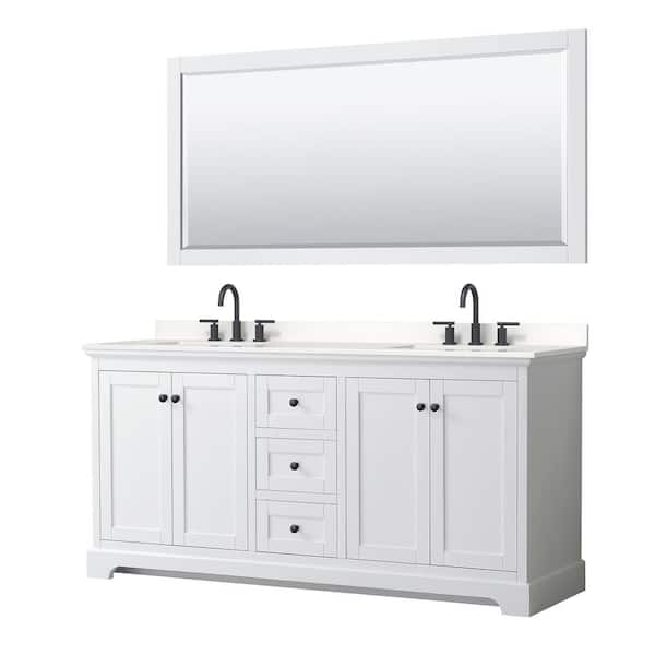 Wyndham Collection Avery 72 in. W x 22 in. D x 35 in. H Double Bath Vanity in White with White Quartz Top and 70 in. Mirror