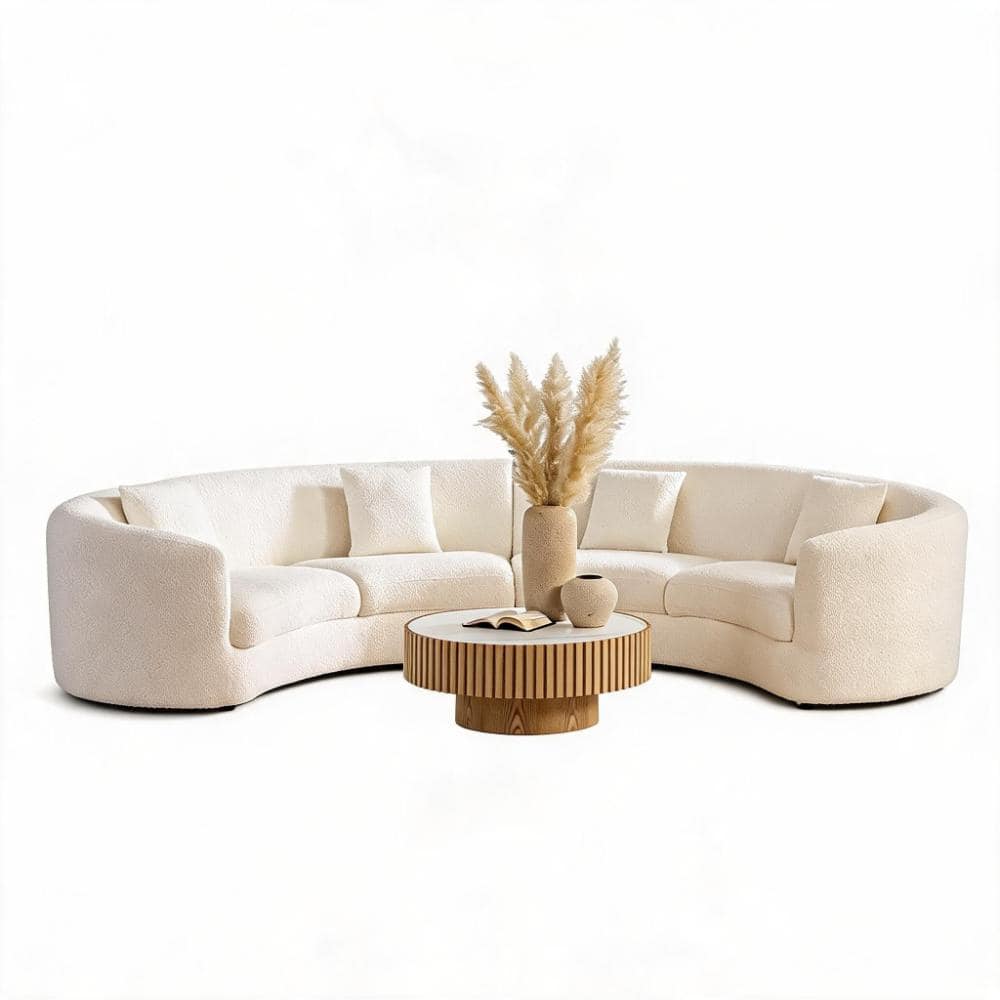 Classic Curved 140.94 in. Round Arm Boucle Tight Back Curved Sofa with 4 Pillows in White durable construction price history on PriceWatchPro