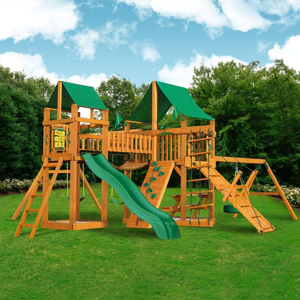 Gorilla Playsets Pioneer Peak Wooden Swing Set with Green Vinyl Canopy and Tire Swing