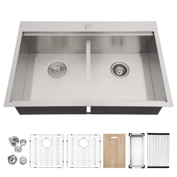 33 in. Drop-in 50/50 Low Divide Workstation Kitchen Sink Double Bowl in 16 Gauge Stainless Steel with Accessories