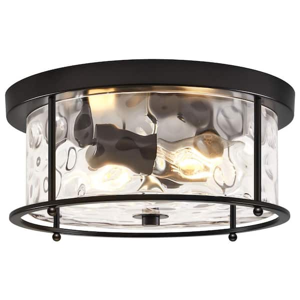 Unbranded 12.5 in. 2-Light Black Flush Mount Water Ripple Glass Ceiling Light with Metal Frame