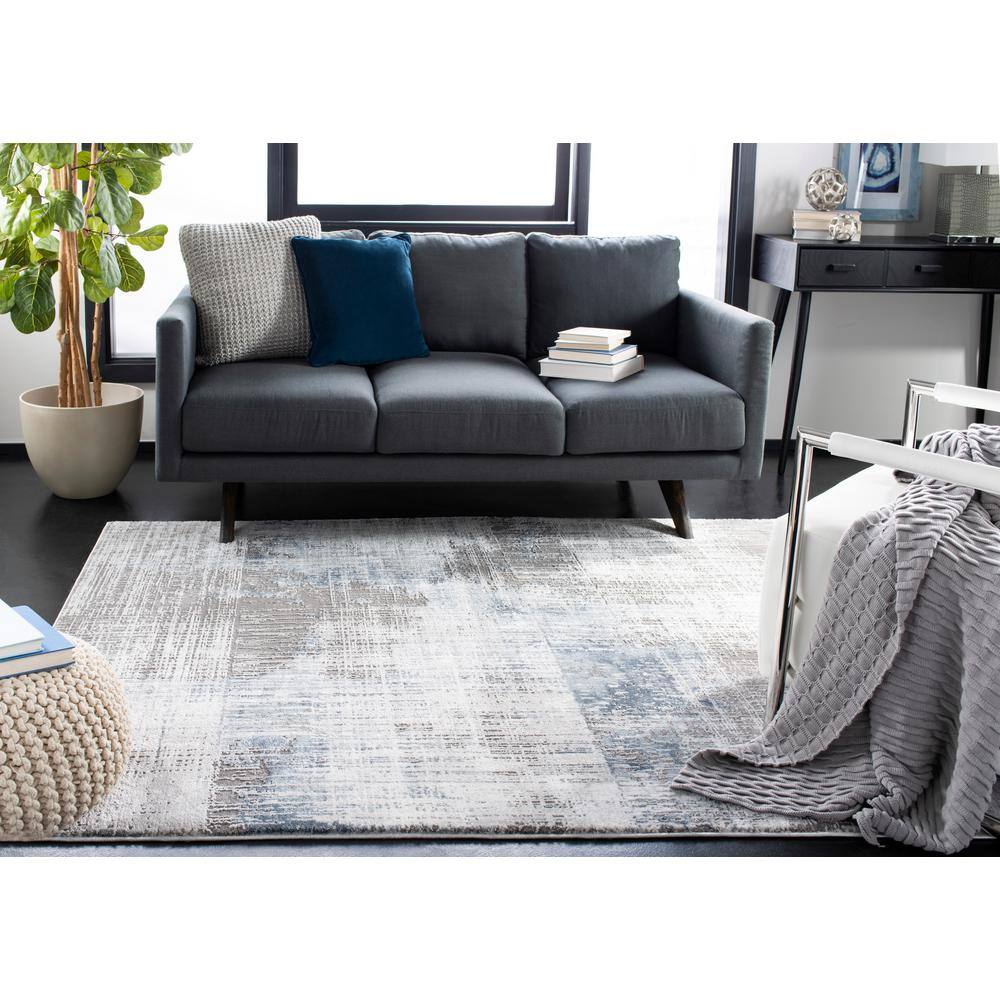 Gray and Blue Abstract Washable Rectangular Area Rug