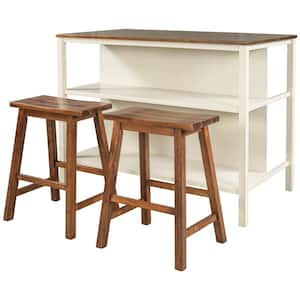 Walnut+Cream White Solid Wood 45 in. Kitchen Island with 2 Seatings, 2 Open Shelves