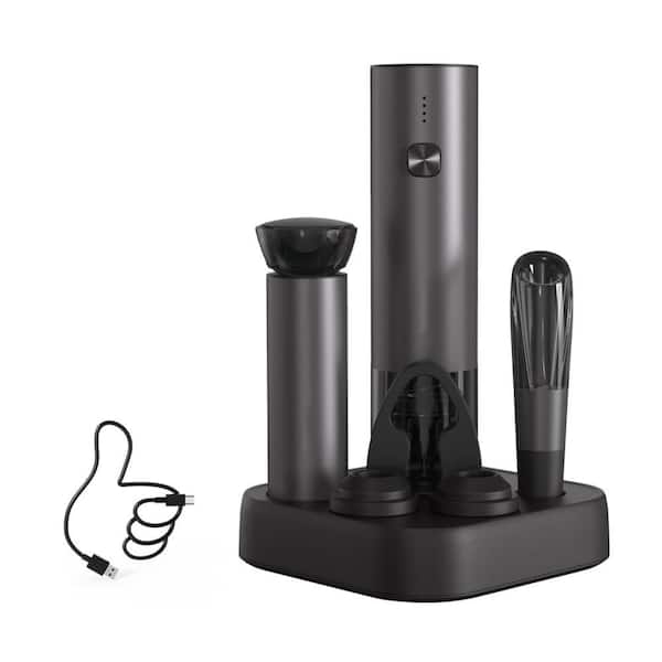 7-in-1 Black Aluminum Rechargeable Electric Wine Opener Set with Corkscrew, Foil Cutter, Wine Pourer, Charging Base