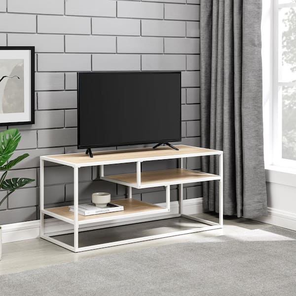 Walker Edison Furniture Company 40 in. Modern Coastal Oak Wood and White Metal TV Stand with Open Storage (Max TV Size 43 in.)