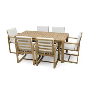 7-Piece Acacia Wood Outdoor Dining Set with Thick Beige Cushions and Built-in Umbrella Hole
