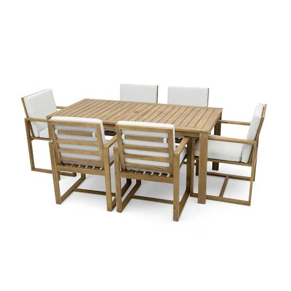 Unbranded 7-Piece Acacia Wood Outdoor Dining Set with Thick Beige Cushions and Built-in Umbrella Hole