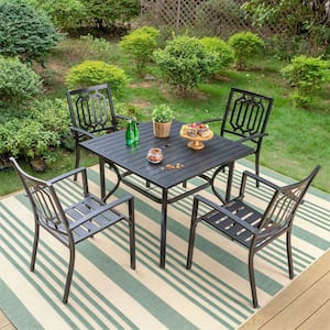 Black 5-Piece Metal Square Outdoor Patio Dining Set with Slat Table and Fashion Stackable Chairs