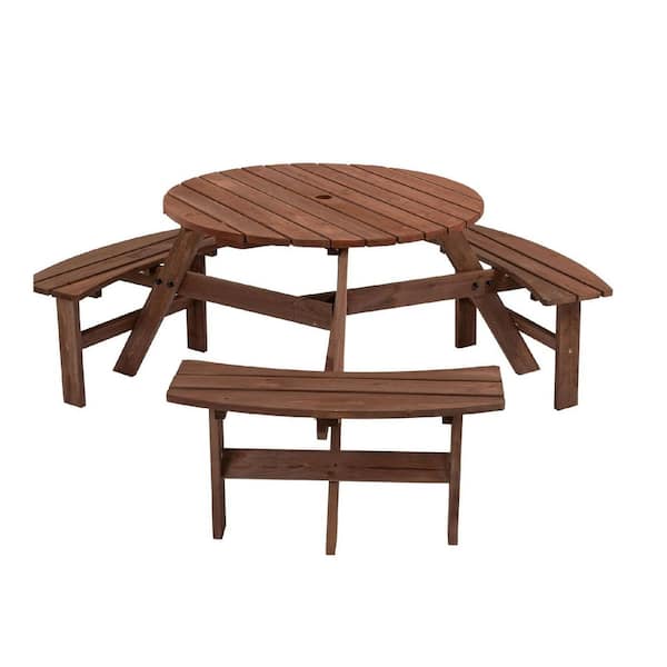 Unbranded 35.43 in. Brown Round Wood Picnic Table Seats 6-People with 3-Built-in Benches, 1720 lbs. Capacity and Umbrella Hole