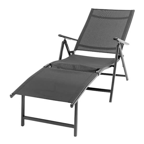 Zeus & Ruta Black Metal Frame Black Textilene Fabric Outdoor Chaise Lounge with Adjustable Backrest for Garden, Balcony, Backyard