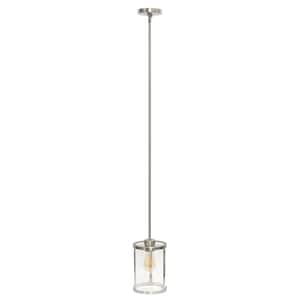 9.25 in. Brushed Nickel Adjustable Modern Farmhouse 1-Light Metal and Clear Cylindrical Glass Shade Pendant Light