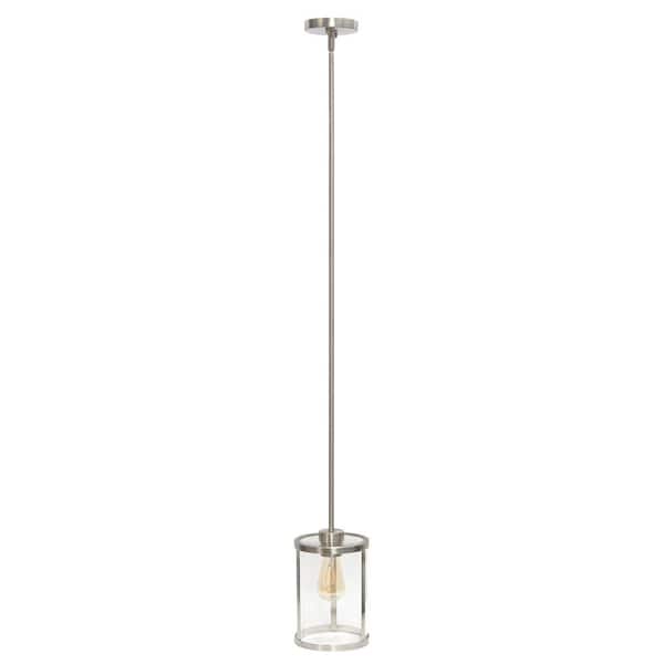 Elegant Designs 9.25 in. Brushed Nickel Adjustable Modern Farmhouse 1-Light Metal and Clear Cylindrical Glass Shade Pendant Light