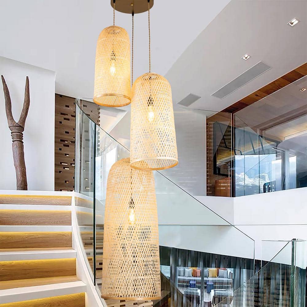 Tan Bamboo and Rattan 3-Light Pendant with Handwoven Shades