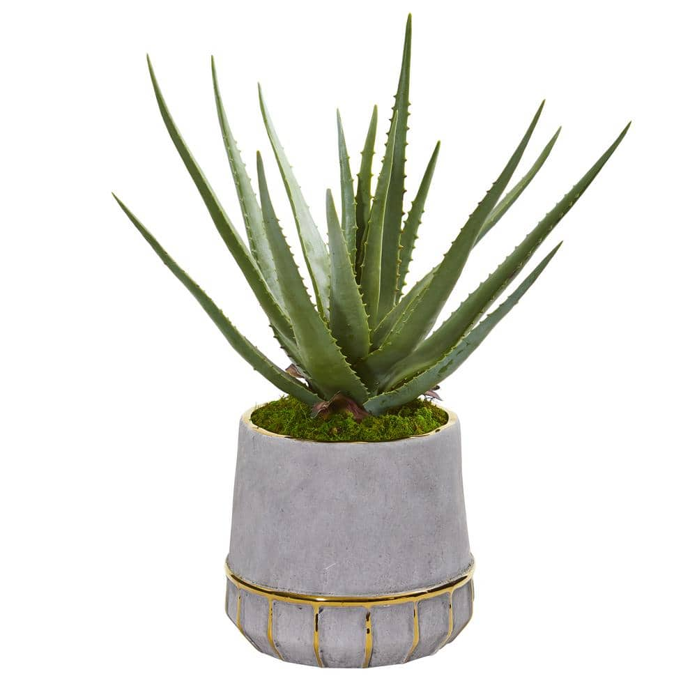 Nearly Natural 20 in. Aloe Artificial Plant in Stoneware